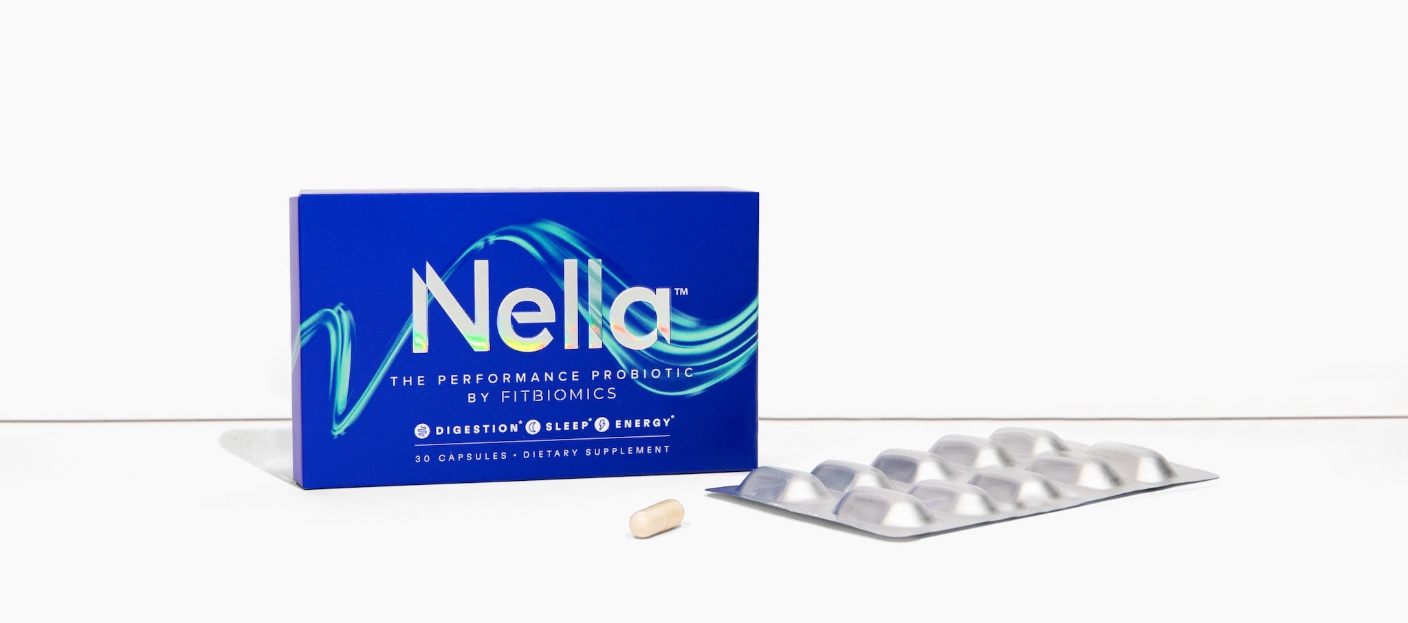 Nella supplement packaging with a tablet on a white background
